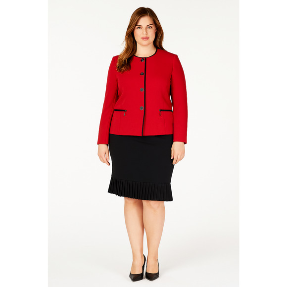 Le Suit Plus Size Pleated Skirt Suit Fire Red Black Size 22W 2 Piece Set Buttons - Picture 1 of 8